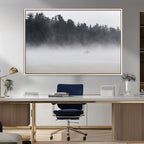 Surfer Fog Wall Art Canvas Print, Framed Foggy Beach and Coastal Surf Scene