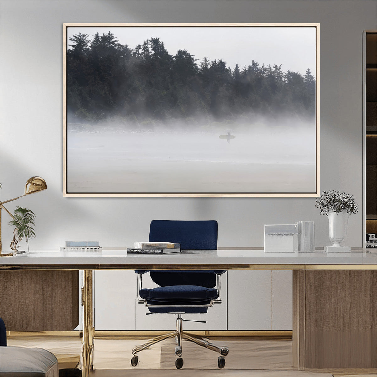 Surfer Fog Wall Art Canvas Print, Framed Foggy Beach and Coastal Surf Scene