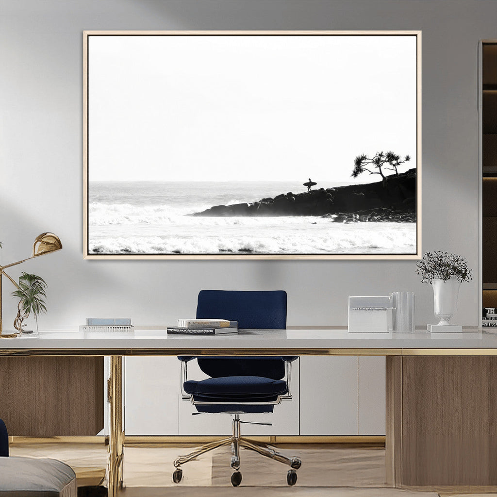 Surfer Cliffs Wall Art Canvas Print, Framed Black White Beach and Ocean Waves