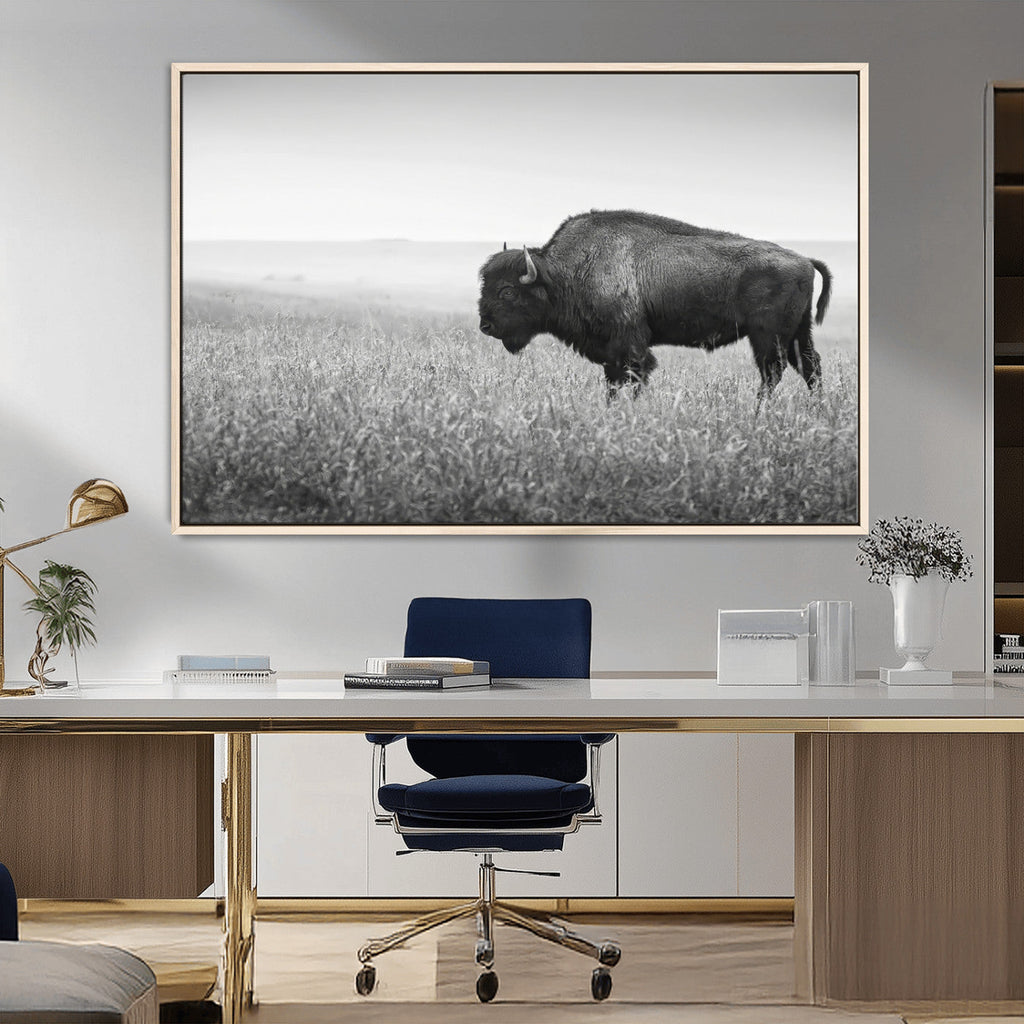 Bison Wall Art Canvas Print, Framed Rustic Wildlife Scene with Wild Buffalo