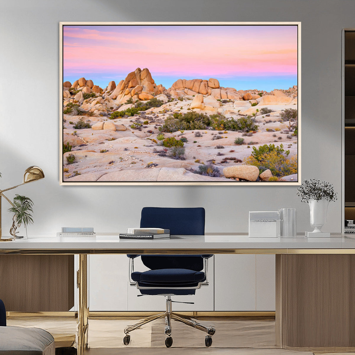 Vibrant Sunset Sky Wall Art Canvas Print, Framed Joshua Tree Desert Artwork
