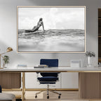 Black and White Surfing Wall Art Canvas Print, Framed Ocean Horizon Surfer Girl