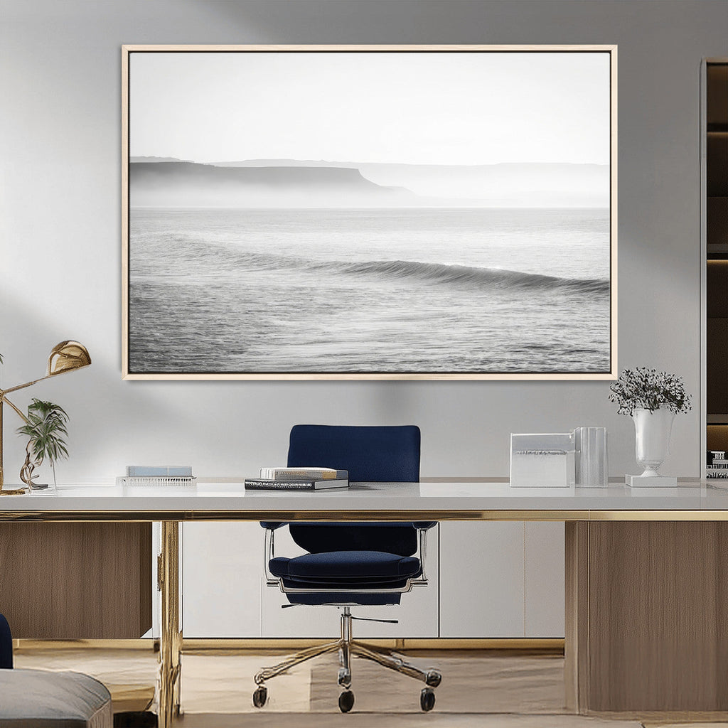 Black and White Seascape Wall Art Canvas Print, Framed Misty Ocean Waves
