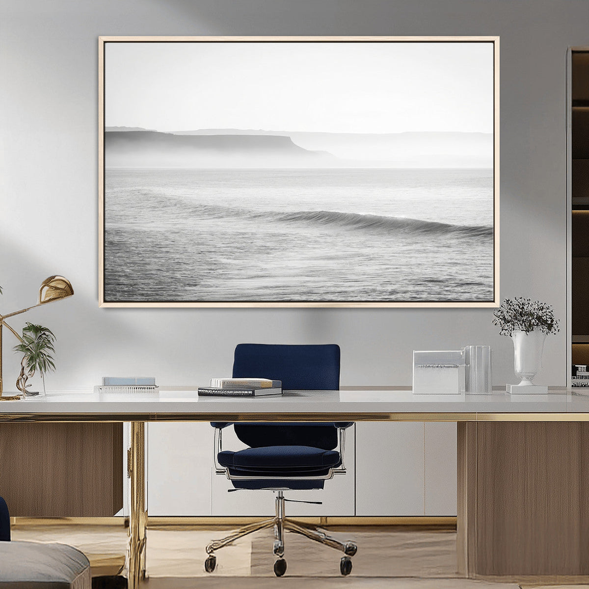 Black and White Seascape Wall Art Canvas Print, Framed Misty Ocean Waves