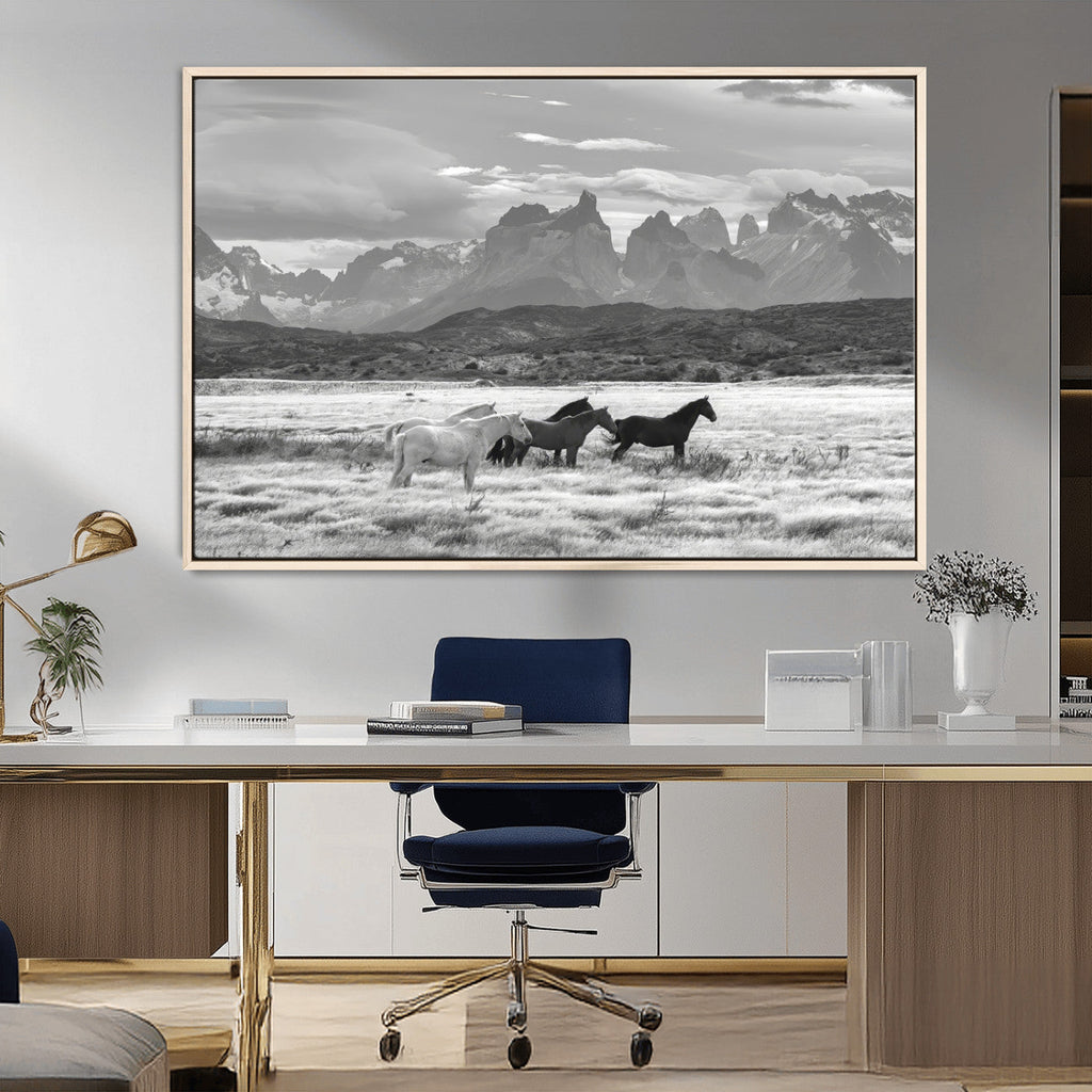 Wild Horses Wall Art | Framed Black White Mountain Canvas