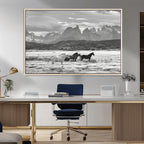 Wild Horses Wall Art | Framed Black White Mountain Canvas