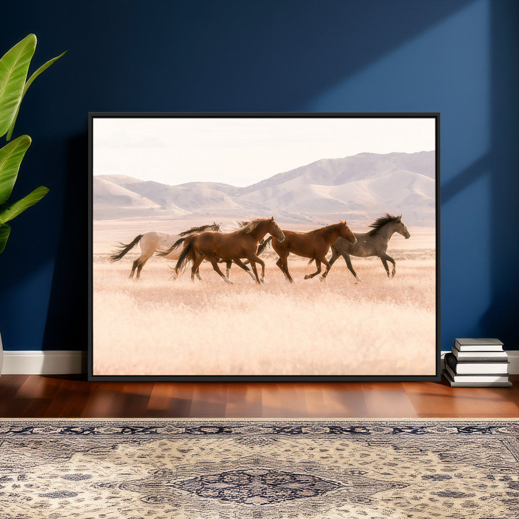 Wild Horse Wall Art Canvas Print, Framed Rustic Western Art, Desert Horse Scene
