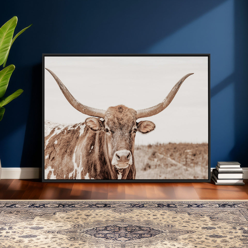 Longhorn Cow Wall Art Canvas Print, Framed Texas Ranch Print, Western Bull Art, Cowboy Decor