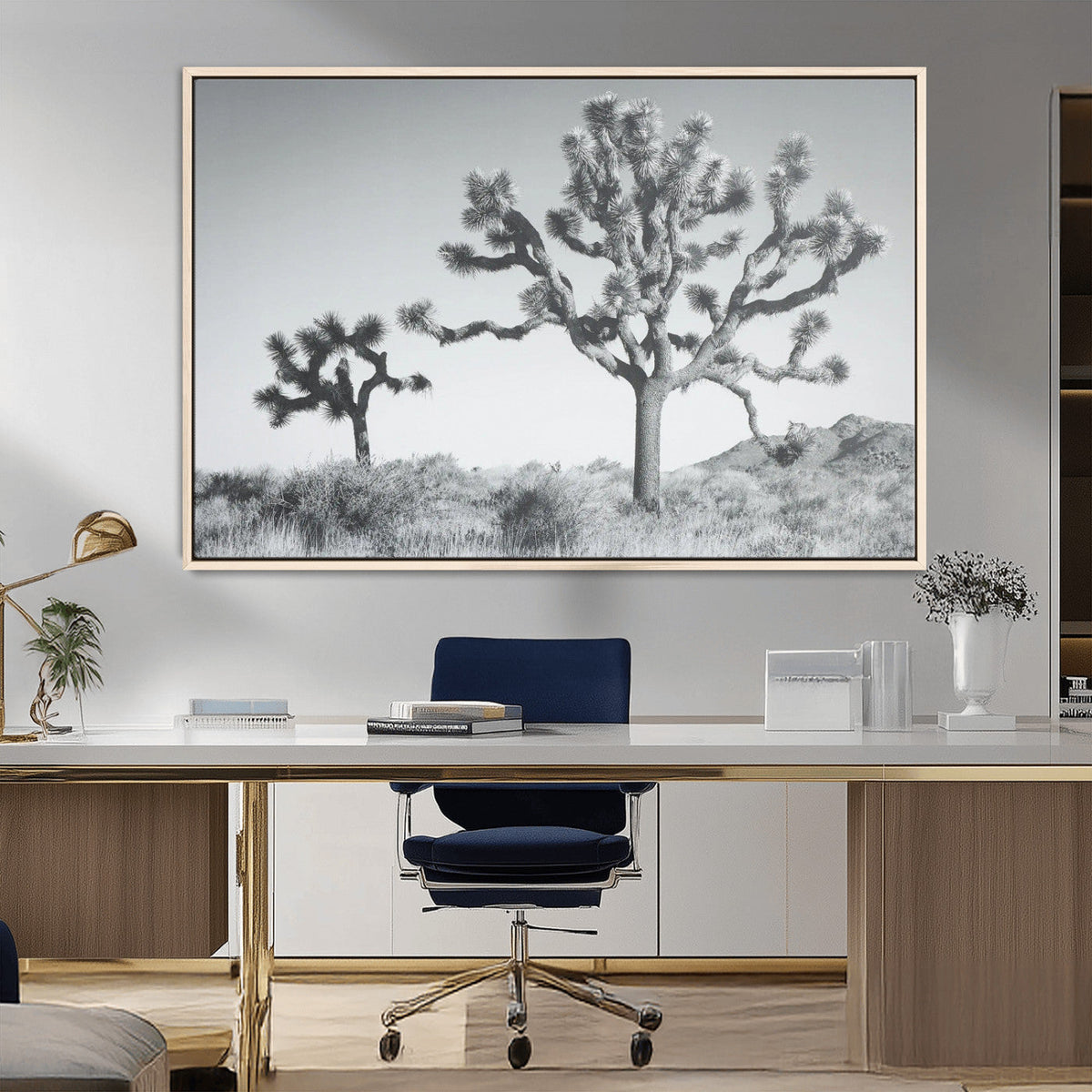 Joshua Tree Wall Art Canvas Print, Framed Black and White Desert Landscape Artwork