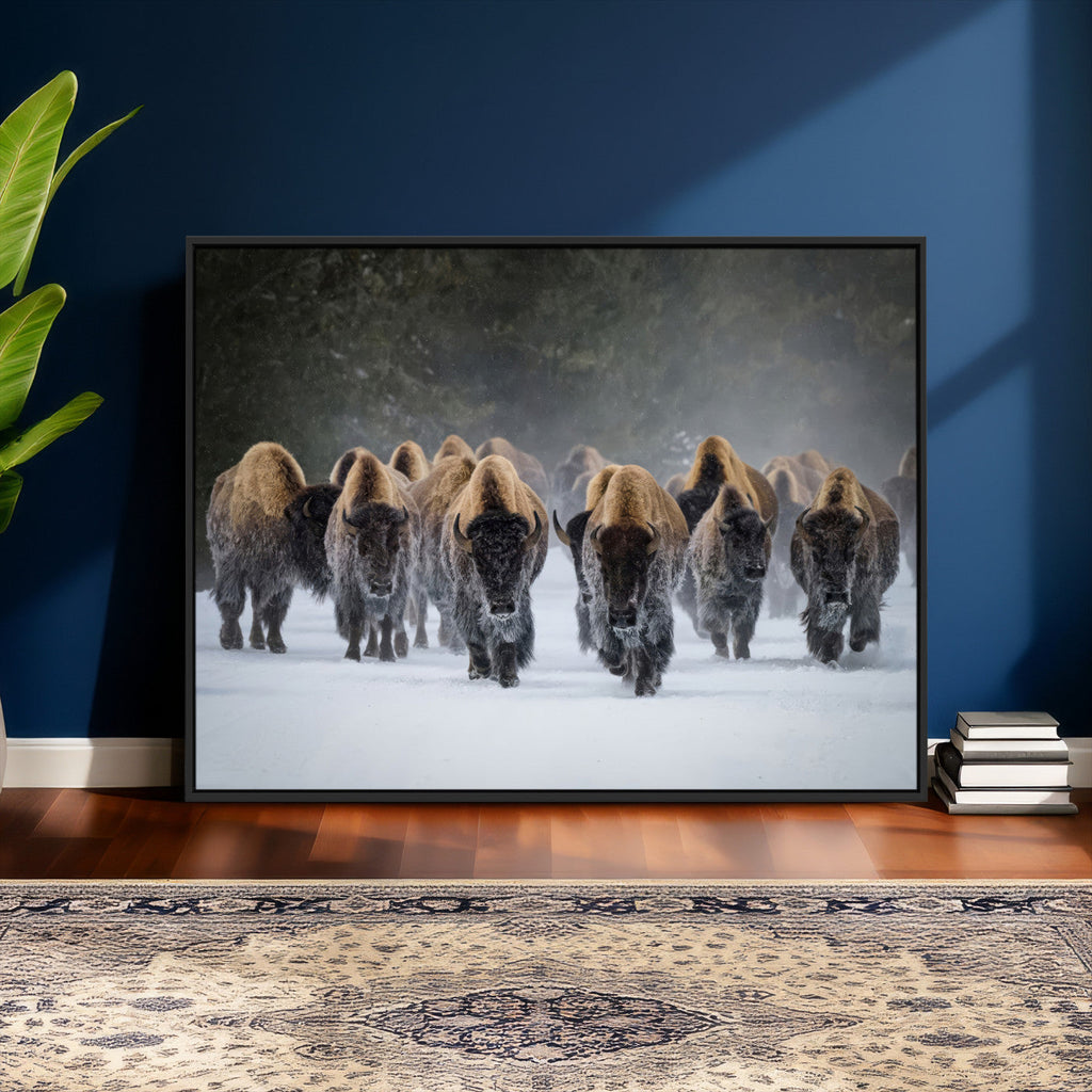 Bison Herd Wall Art Canvas Print, Framed Rustic Wildlife Decor, Snowy Bison Landscape