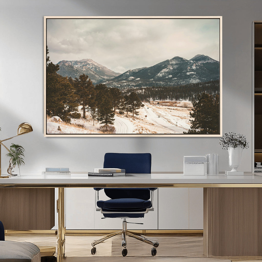 Mountain Landscape Wall Art Canvas Print, Framed Snowy Peaks Alpine Winter