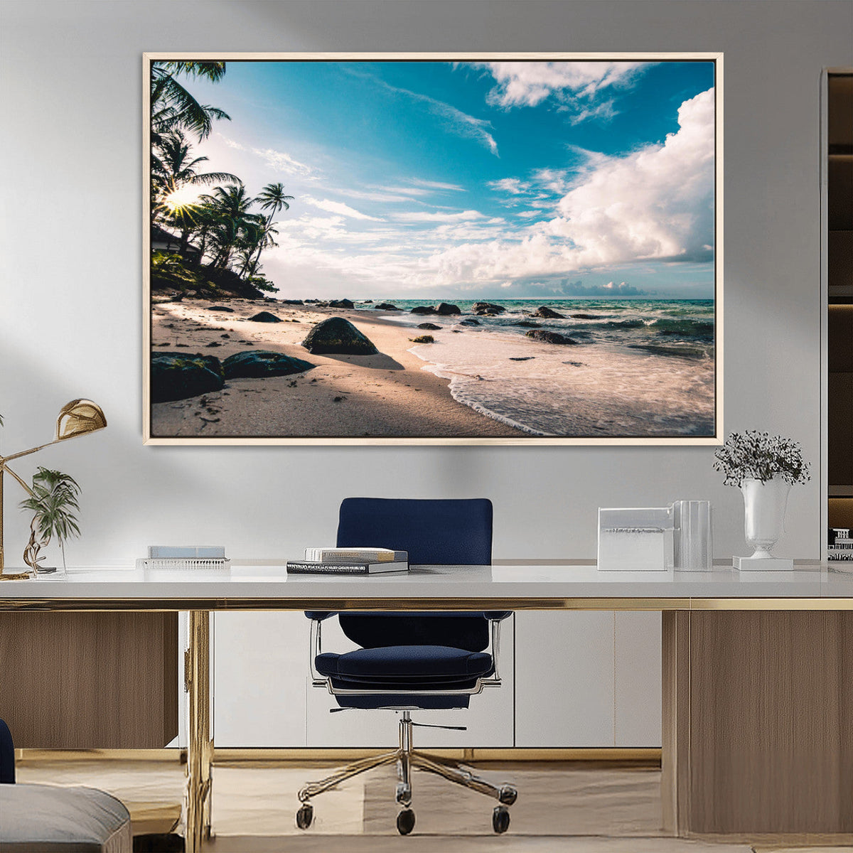 Tropical Beach Wall Art Canvas Print, Framed Ocean Waves Relaxing Seascape