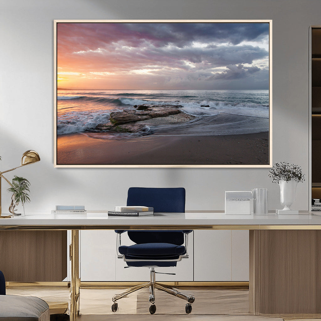 Golden Hour Wall Art Canvas Print, Framed Tranquil Waves Beach Sunset