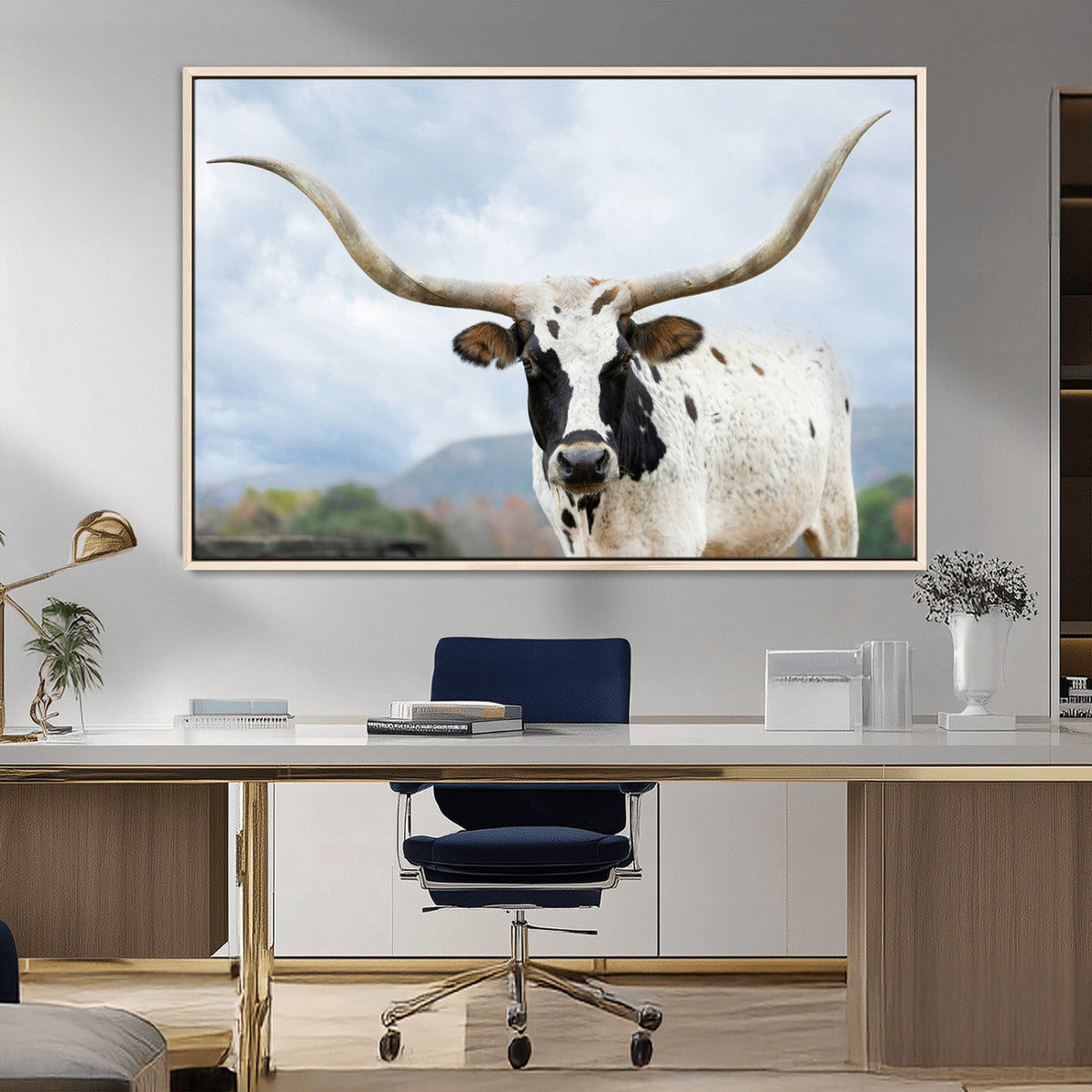 Texas Longhorn Wall Art Canvas Print, Framed Western Rustic Farmhouse