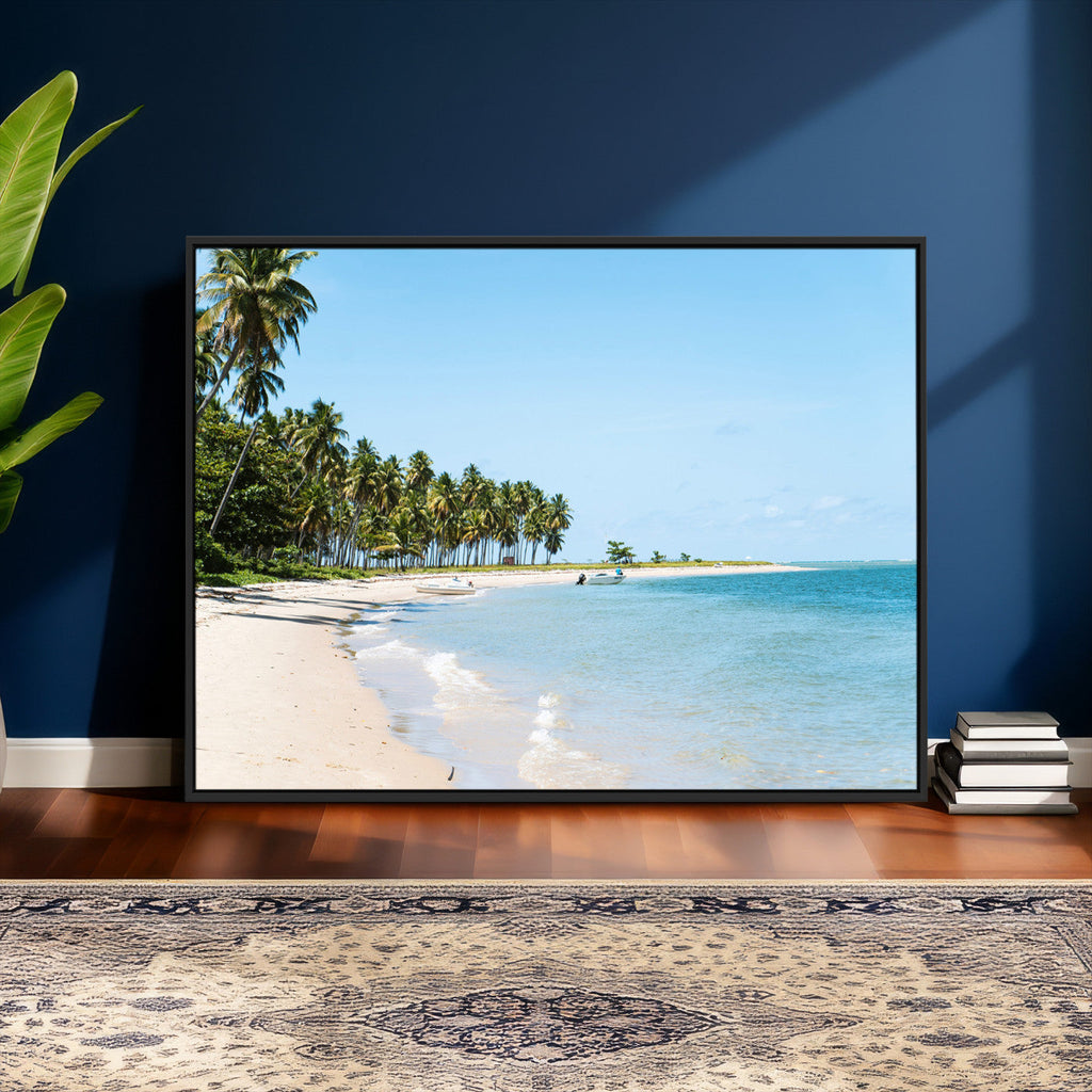 Palm Tree Coast Wall Art Canvas Print, Framed Island Getaway with Crystal Blue Water