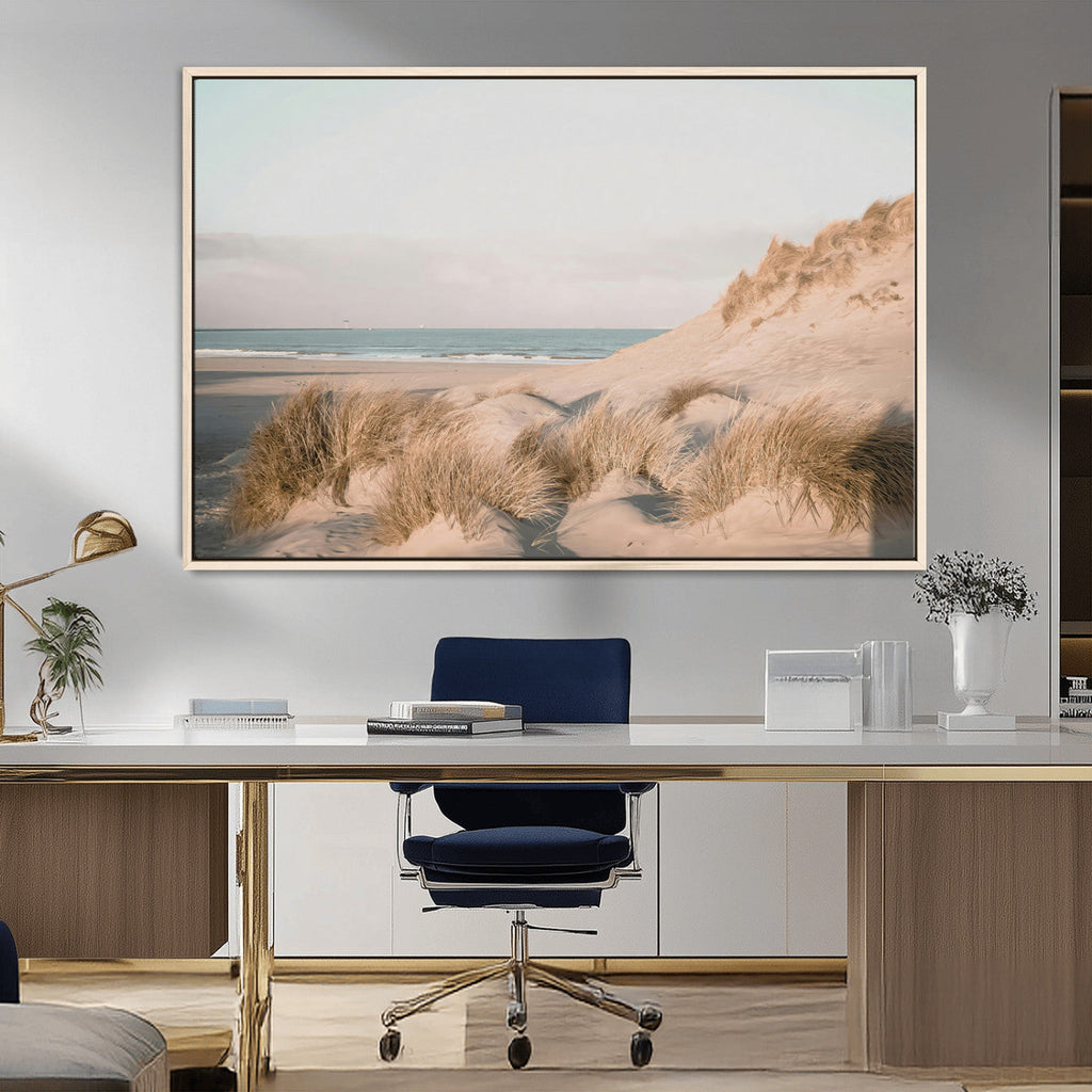 Beach Landscape Wall Art Canvas Print, Framed Sand Dune Photography, Minimalist Seascape Coastal Decor