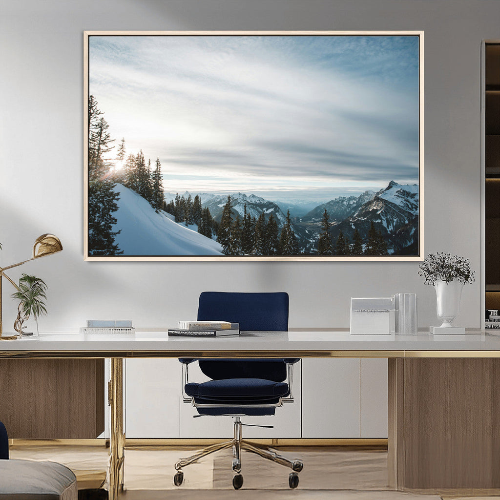 Snowy Mountains Wall Art Canvas Print, Framed Alpine Landscape Frosty Peaks Artwork
