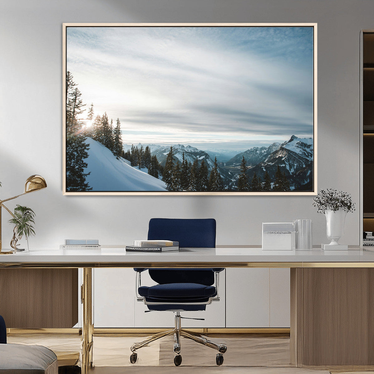 Snowy Mountains Wall Art Canvas Print, Framed Alpine Landscape Frosty Peaks Artwork
