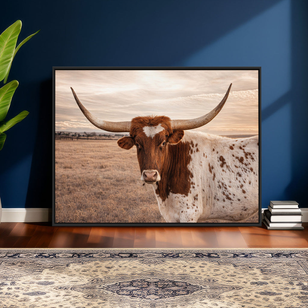 Texas Longhorn Cow Canvas Wall Art, Majestic Bull on a Rustic Western Farm