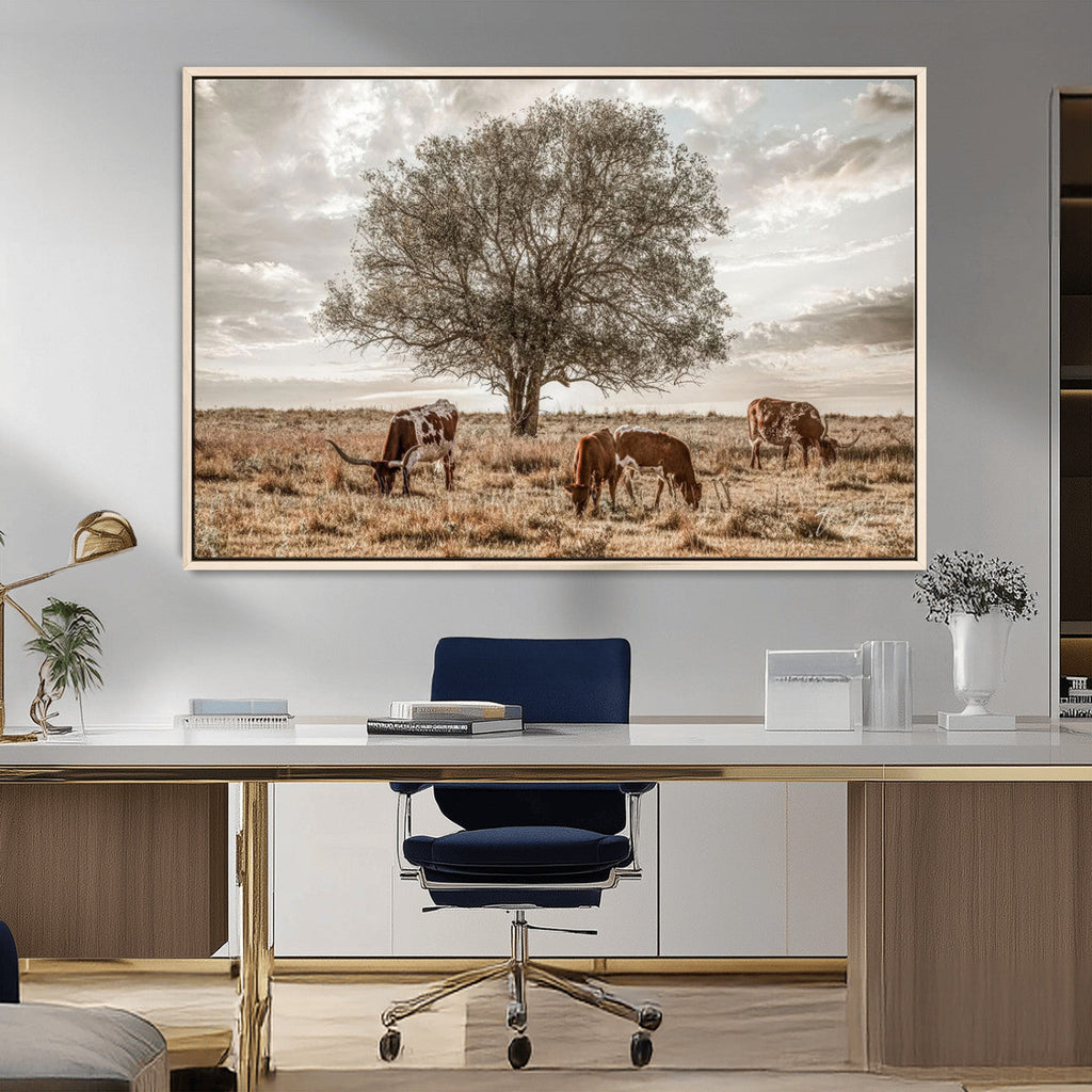 Texas Longhorn Cattle Wall Art, Rustic Western Ranch Canvas