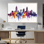 Atlanta Skyline Wall Art Canvas Print, Framed Colorful Watercolor Cityscape