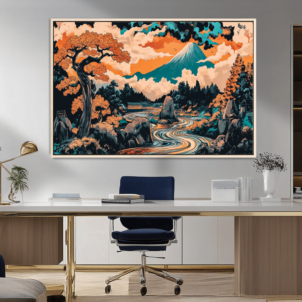 Japanese Landscape Wall Art Canvas Print, Mount Fuji with Flowing River and Autumn Trees