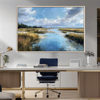 Marshland Wall Art Canvas Print, Serene Water Reflection with Blue Sky and Golden Grass