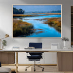 Tranquil Marshland Wall Art Canvas Print, Blue Water Reflecting Sky and Golden Grasses