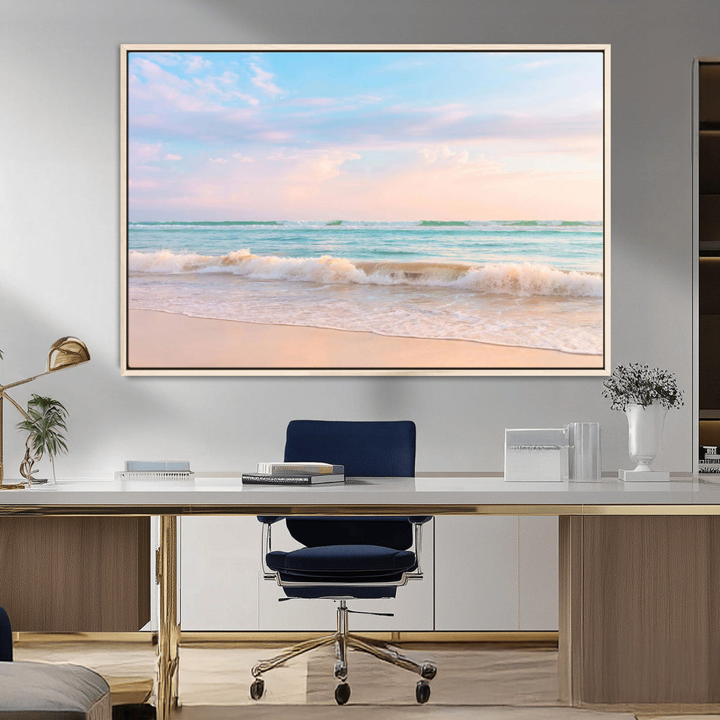 Serene Ocean Waves Wall Art Canvas Print, Pastel Sky Over a Soft Sand Beach