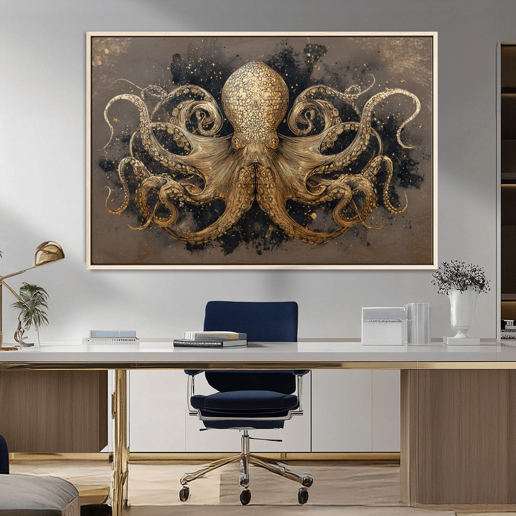 Octopus Wall Art Canvas Print, Black and Gold Detailed Tentacles Nautical Illustration