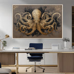 Octopus Wall Art Canvas Print, Black and Gold Detailed Tentacles Nautical Illustration