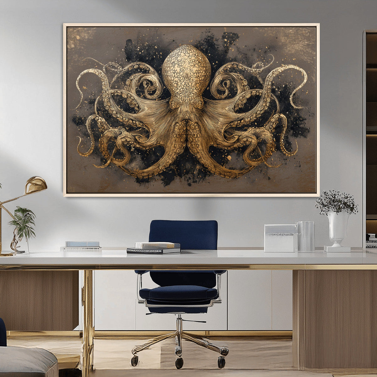 Octopus Wall Art Canvas Print, Black and Gold Detailed Tentacles Nautical Illustration