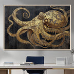 Octopus Wall Art Canvas Print, Gold Detail Octopus on Wooden Plank Background