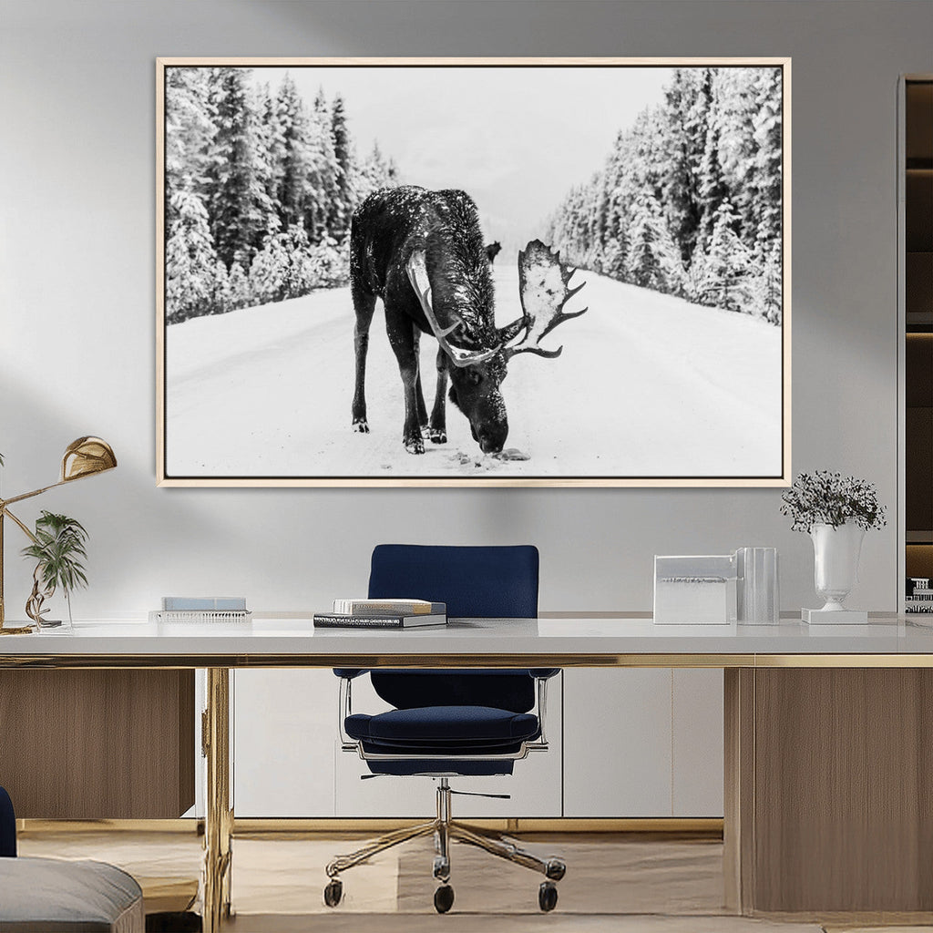 Moose Wall Art Canvas Print, Winter Moose with Antlers in a Snowy Forest