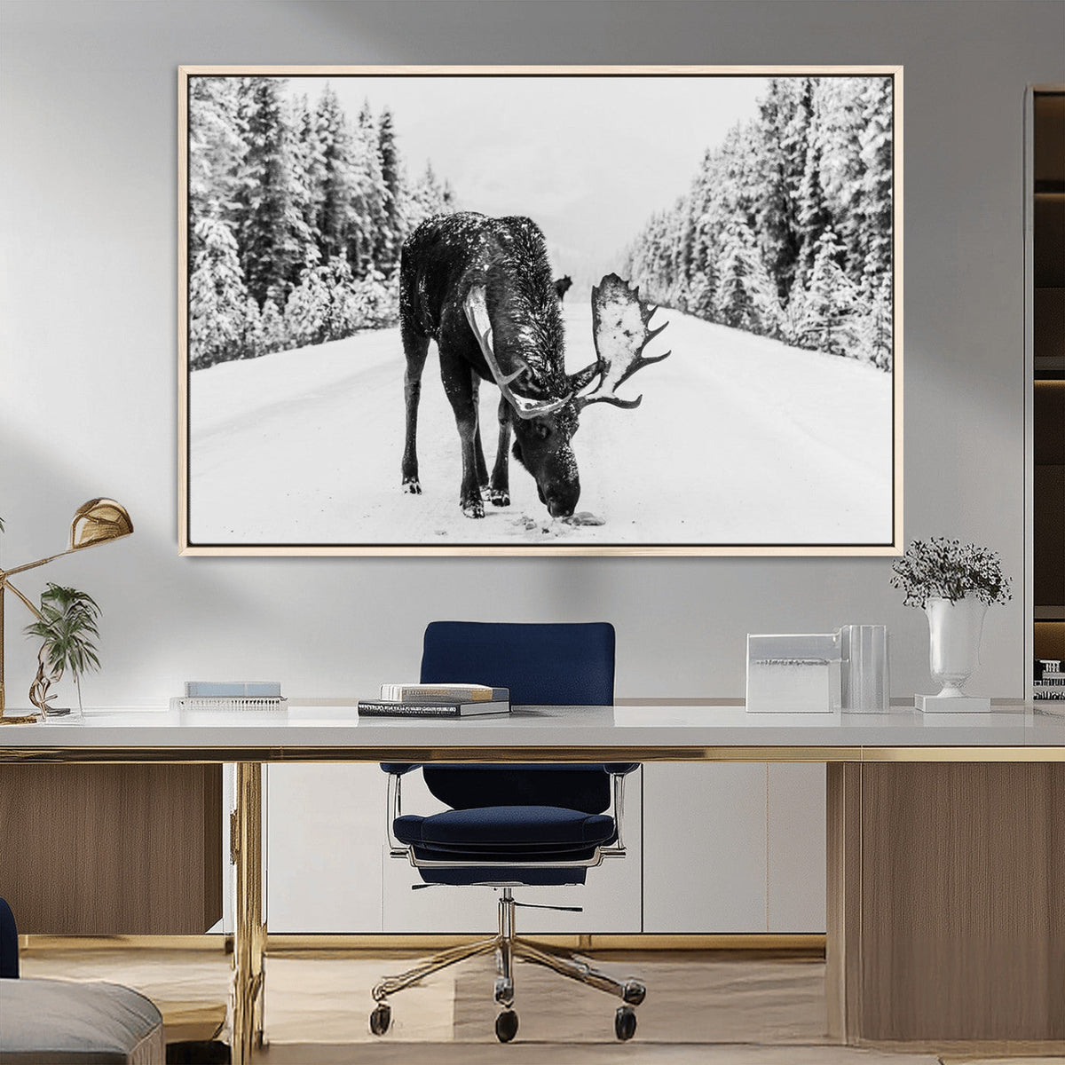 Moose Wall Art Canvas Print, Winter Moose with Antlers in a Snowy Forest