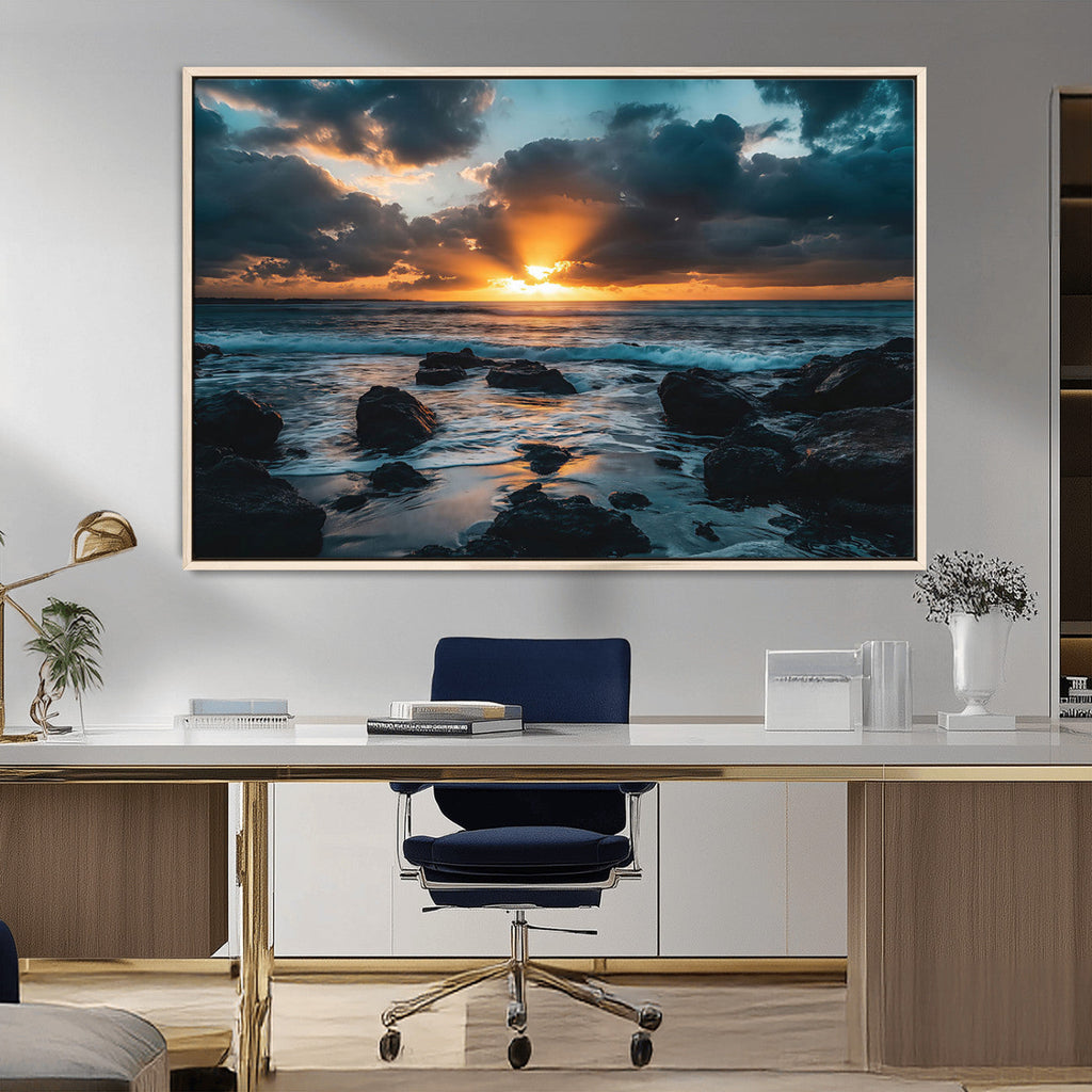 Ocean Sunset Wall Art Canvas Print, Rocky Shore Waves and Golden Sun Rays