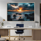 Ocean Sunset Wall Art Canvas Print, Rocky Shore Waves and Golden Sun Rays