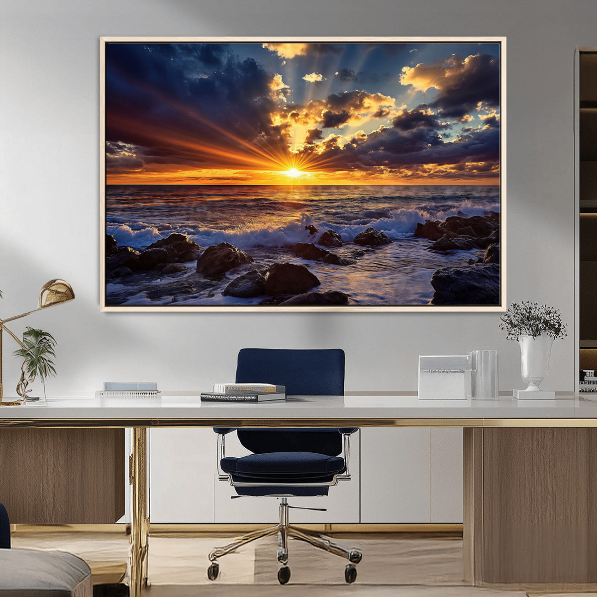 Sunset Ocean Wall Art Canvas Print, Waves on a Rocky Shore Under Dramatic Sky
