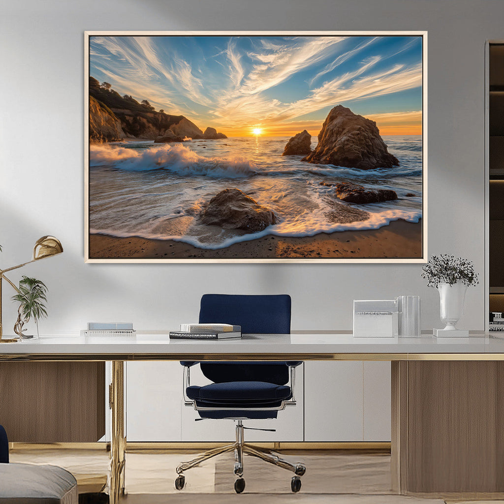 Rocky Ocean Sunset Wall Art Print, Seaside Canvas with Dramatic Seascape