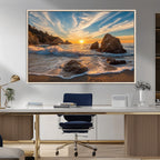 Rocky Ocean Sunset Wall Art Print, Seaside Canvas with Dramatic Seascape