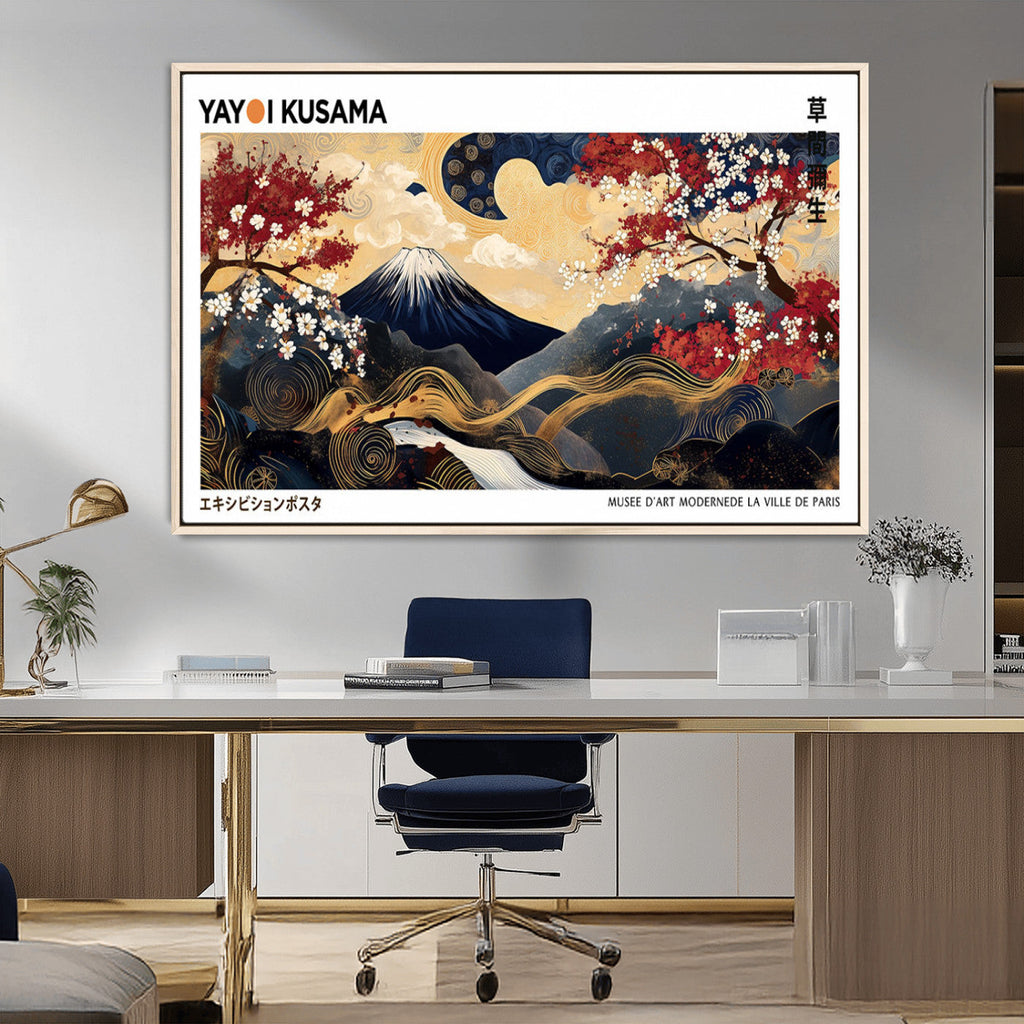 Yayoi Kusama Inspired Japanese Art Canvas Print, Floral Mt. Fuji Modern Asian Wall Decor