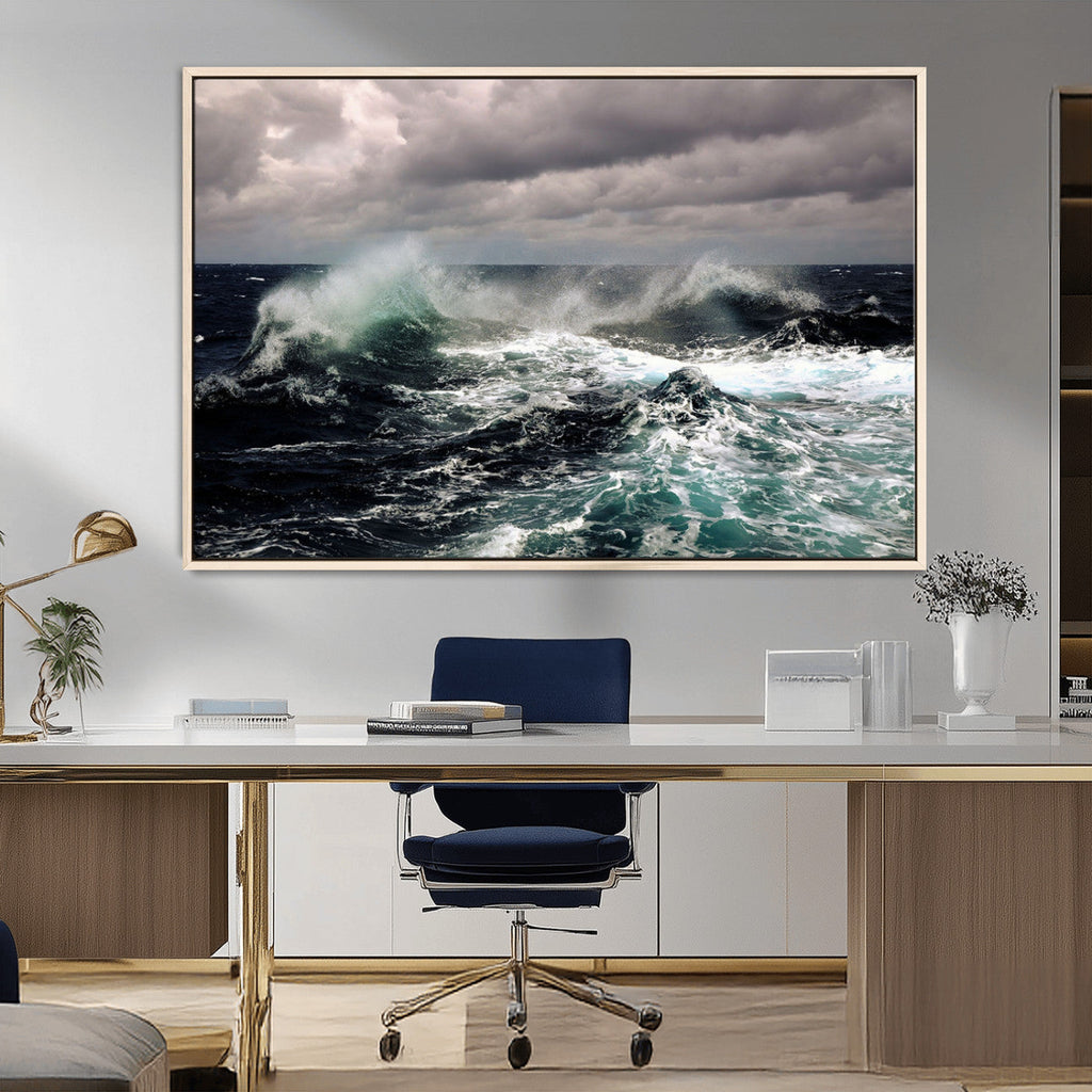 Stormy Ocean Waves Canvas Wall Art, Framed Turbulent Sea Nature Print