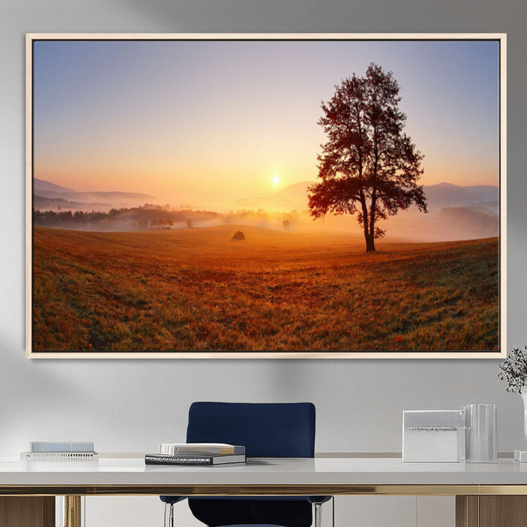 Golden Sunrise Landscape Canvas Wall Art, Framed Misty Field Nature Print