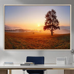 Golden Sunrise Landscape Canvas Wall Art, Framed Misty Field Nature Print
