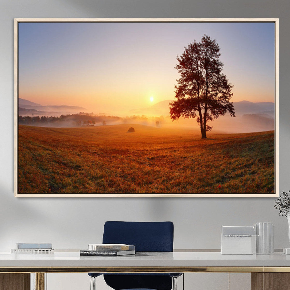 Golden Sunrise Landscape Canvas Wall Art, Framed Misty Field Nature Print