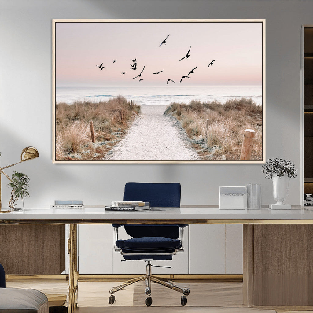Coastal Pathway Canvas Wall Art Print, Framed Seaside Landscape with Beach and Birds