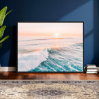 Sunset Surfing Wall Art Canvas Print, Ocean Wave Surfer with Golden Sky
