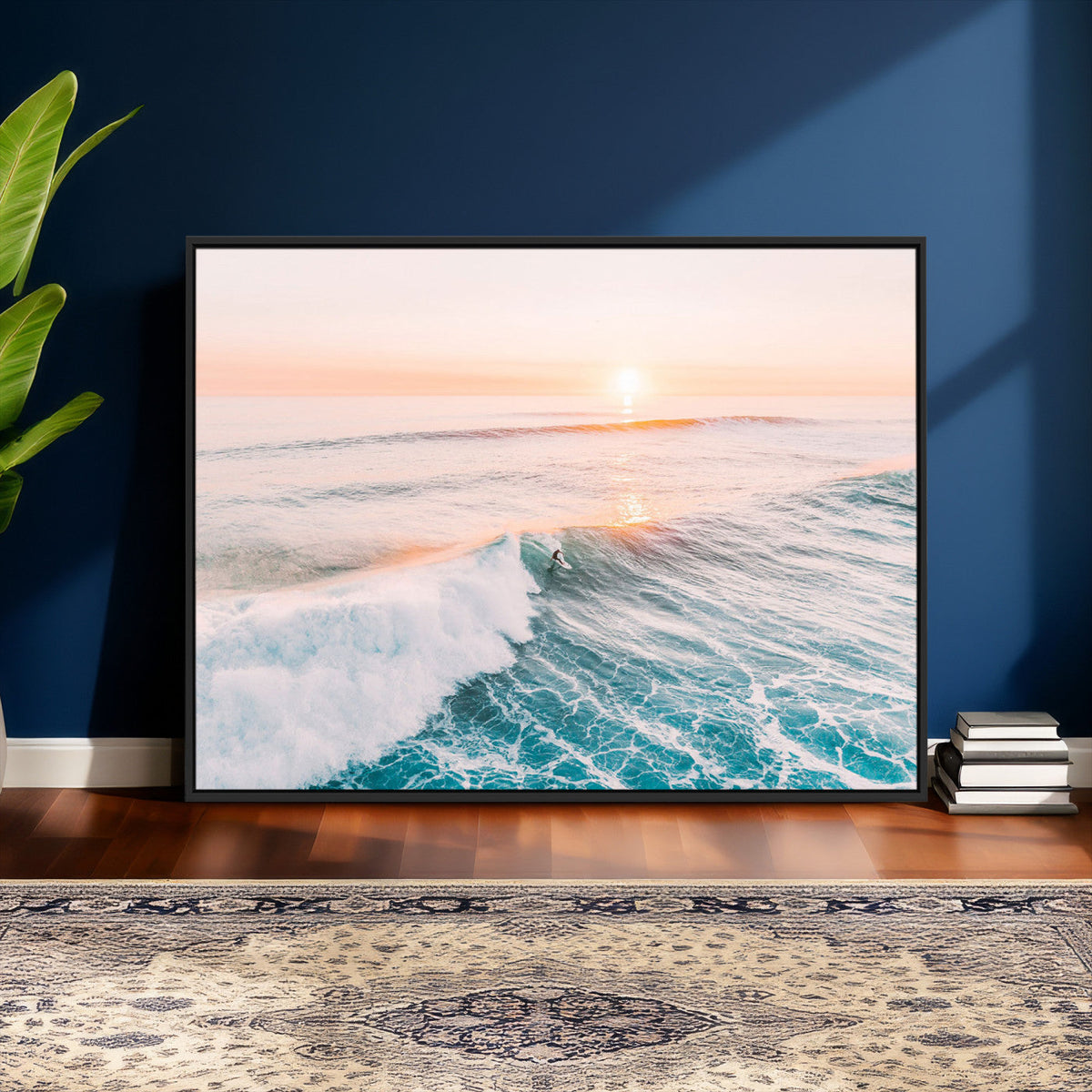 Sunset Surfing Wall Art Canvas Print, Ocean Wave Surfer with Golden Sky