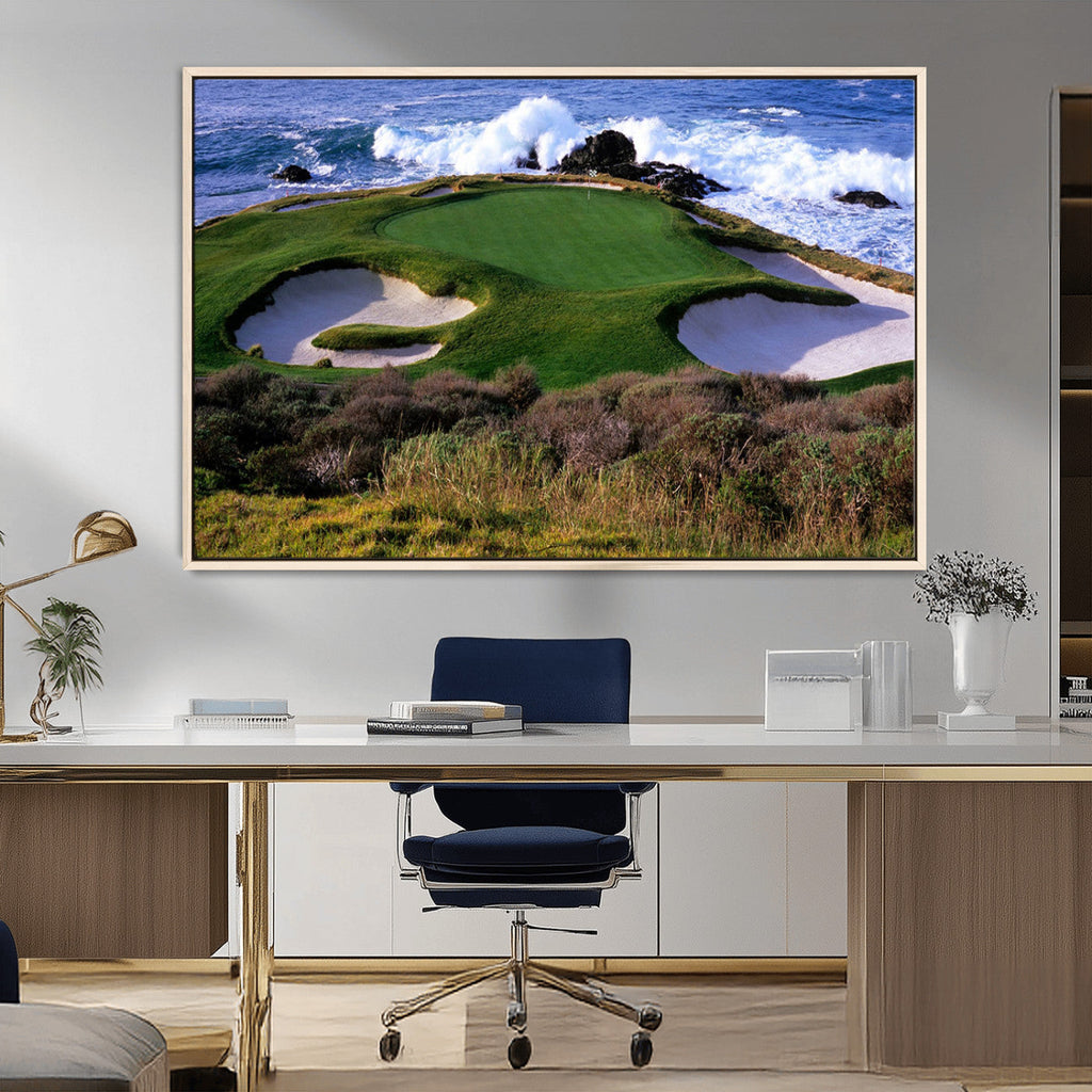 Ocean Cliff Golf Course Wall Art Canvas Print, Waves Crashing, Coastal Golf Landscape