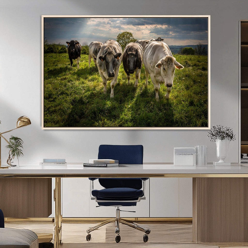 Grazing Cattle Herd Wall Art Canvas Print, Framed Green Pasture Farm Scene